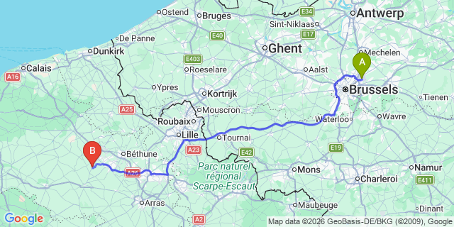 Map: Brussels Zaventem Airport (BRU) to Aire-sur-la-Lys