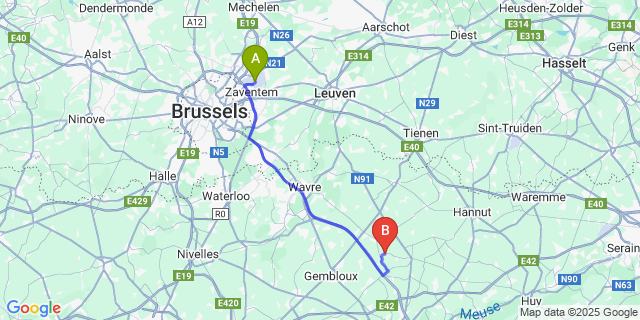 Map: Brussels Zaventem Airport (BRU) to Aische-En-Refail