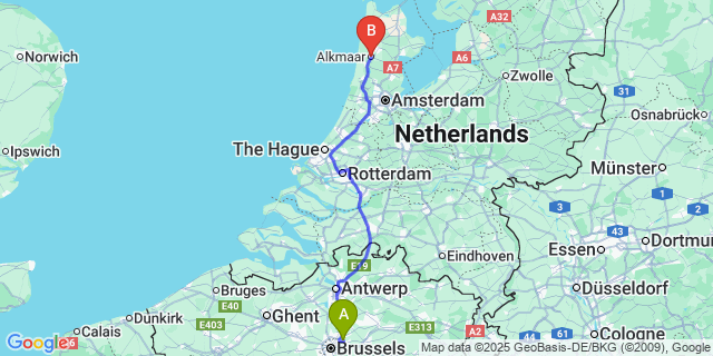 Map: Brussels Zaventem Airport (BRU) to Alkmaar