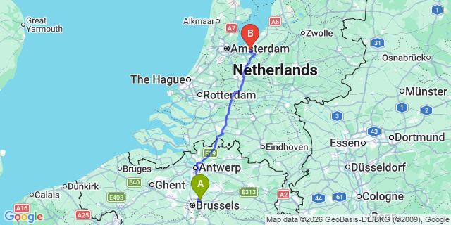 Map: Brussels Zaventem Airport (BRU) to Almere
