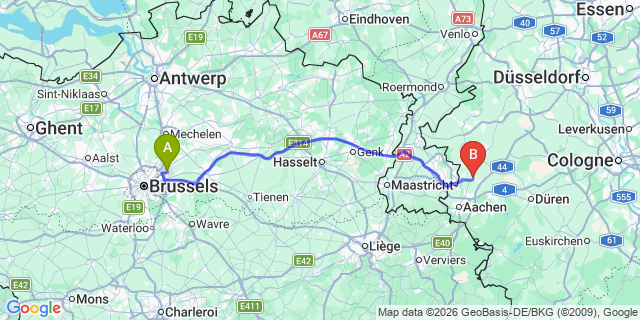 Map: Brussels Zaventem Airport (BRU) to Alsdorf