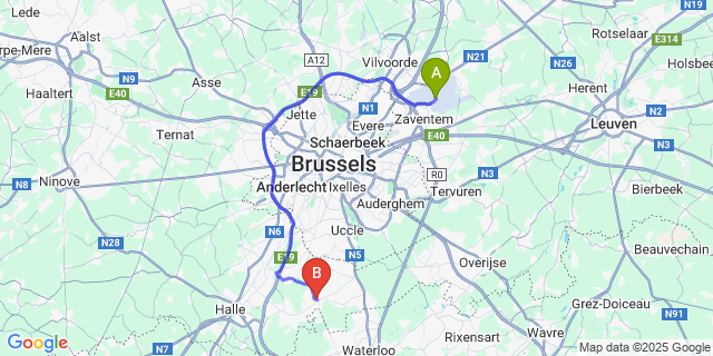Map: Brussels Zaventem Airport (BRU) to Alsemberg