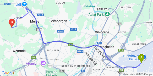 Map: Brussels Zaventem Airport (BRU) to Amelgem