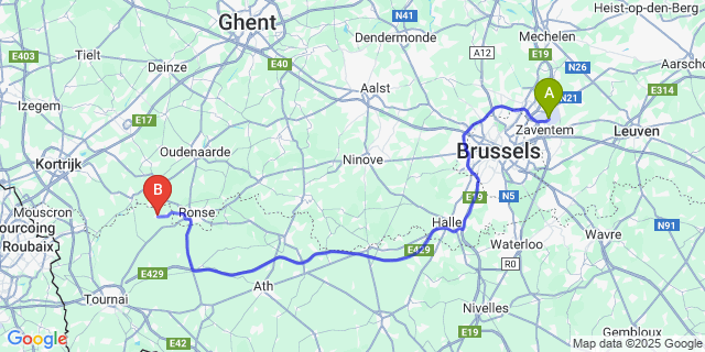 Map: Brussels Zaventem Airport (BRU) to Amougies