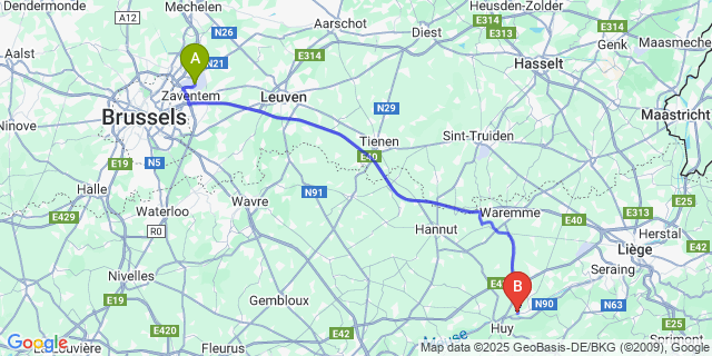 Map: Brussels Zaventem Airport (BRU) to Ampsin