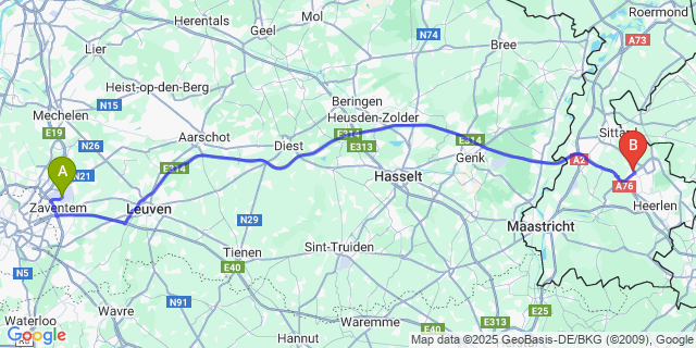 Map: Brussels Zaventem Airport (BRU) to Amstenrade