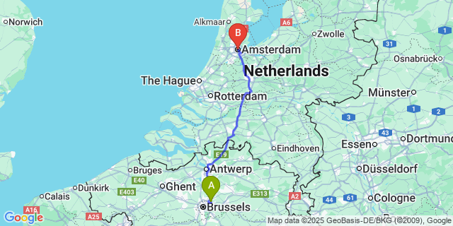 Map: Brussels Zaventem Airport (BRU) to Amsterdam (all areas)