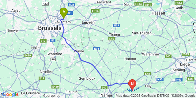 Map: Brussels Zaventem Airport (BRU) to Andenne