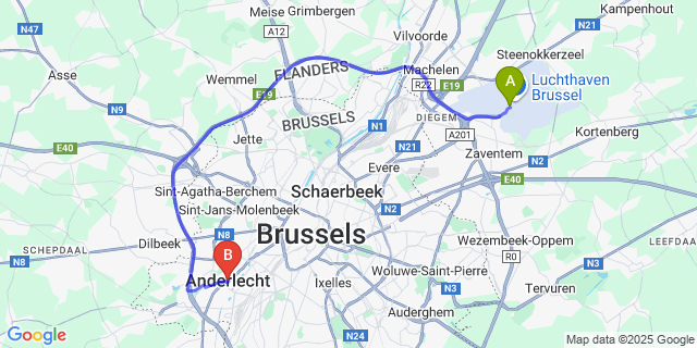 Map: Brussels Zaventem Airport (BRU) to Anderlecht