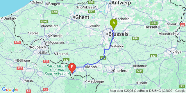 Map: Brussels Zaventem Airport (BRU) to Angre