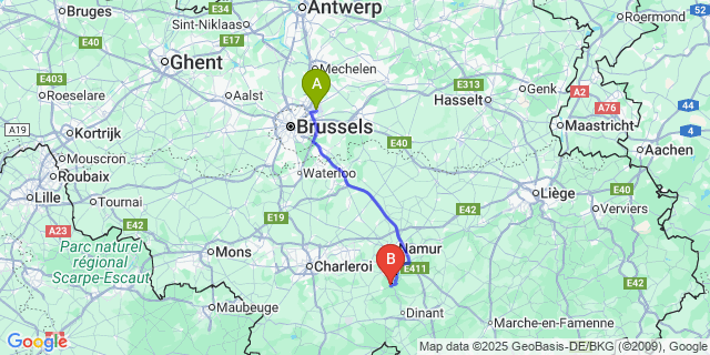 Map: Brussels Zaventem Airport (BRU) to Annevoie-Rouillon