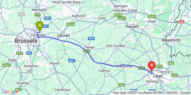 Map: Brussels Zaventem Airport (BRU) to Ans