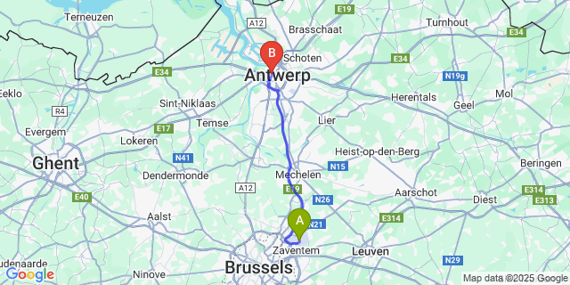 Map: Brussels Zaventem Airport (BRU) to Antwerp Cruise Port