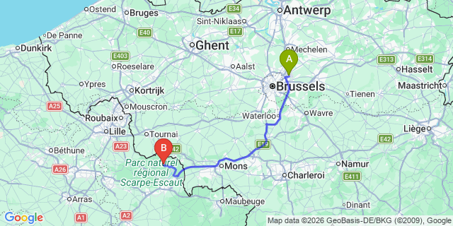 Map: Brussels Zaventem Airport (BRU) to Anzin