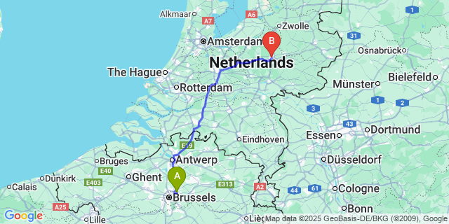 Map: Brussels Zaventem Airport (BRU) to Apeldoorn