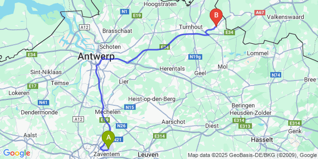 Map: Brussels Zaventem Airport (BRU) to Arendonk