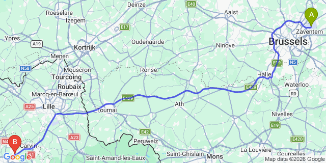 Map: Brussels Zaventem Airport (BRU) to Armentières