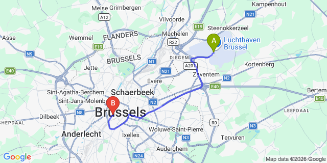 Map: Brussels Zaventem Airport (BRU) to Art de Séjour B&B, Brussels