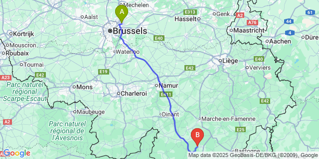 Map: Brussels Zaventem Airport (BRU) to Arville
