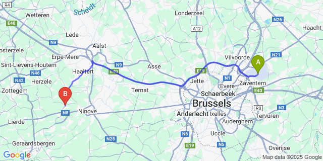 Map: Brussels Zaventem Airport (BRU) to Aspelare