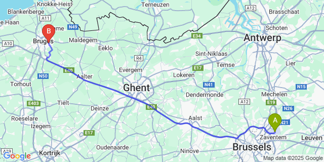 Map: Brussels Zaventem Airport (BRU) to Assebroek