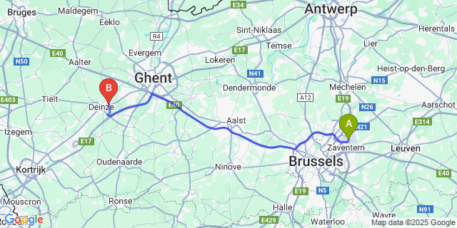 Map: Brussels Zaventem Airport (BRU) to Astene