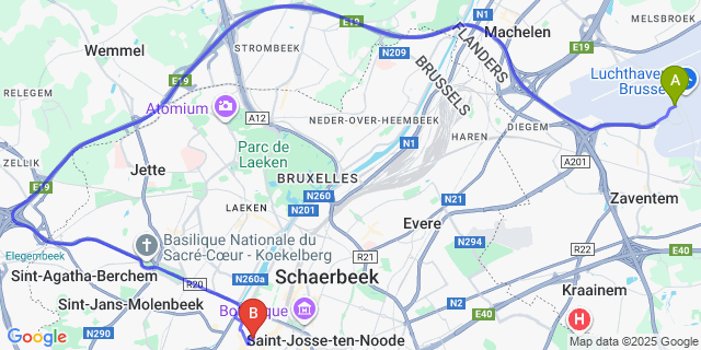 Map: Brussels Zaventem Airport (BRU) to Astrid Centre Hotel, Brussels