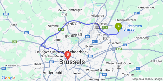 Map: Brussels Zaventem Airport (BRU) to Atlas Hotel Brussels