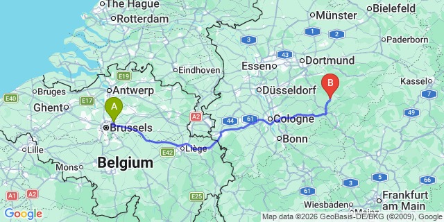 Map: Brussels Zaventem Airport (BRU) to Attendorn