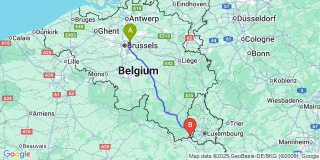Map: Brussels Zaventem Airport (BRU) to Aubange