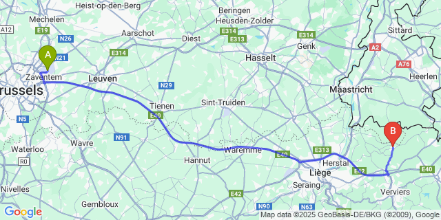 Map: Brussels Zaventem Airport (BRU) to Aubel