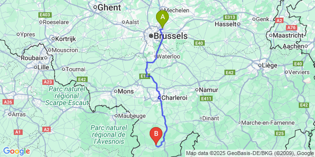 Map: Brussels Zaventem Airport (BRU) to Aublain