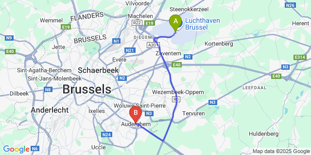 Map: Brussels Zaventem Airport (BRU) to Auderghem