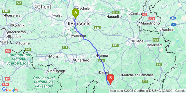 Map: Brussels Zaventem Airport (BRU) to Ave (Rochefort)