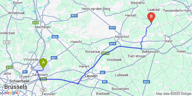 Map: Brussels Zaventem Airport (BRU) to Averbode