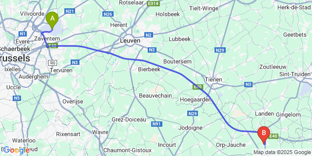 Map: Brussels Zaventem Airport (BRU) to Avernas-Le-Bauduin