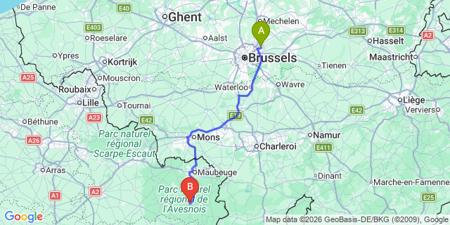 Map: Brussels Zaventem Airport (BRU) to Avesnes-sur-Helpe
