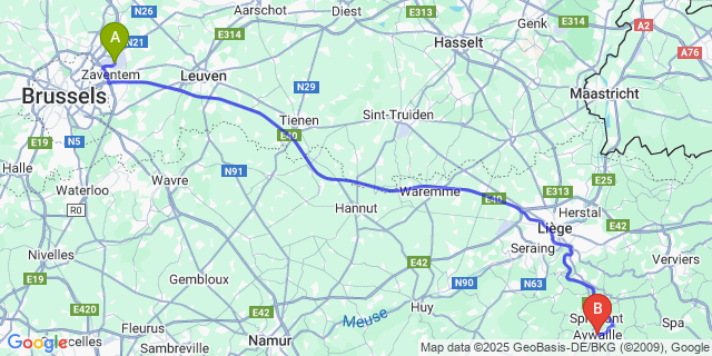 Map: Brussels Zaventem Airport (BRU) to Aywaille