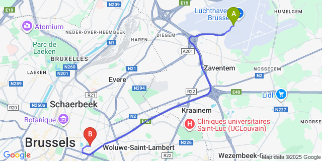 Map: Brussels Zaventem Airport (BRU) to B-aparthotel Ambiorix, Brussels