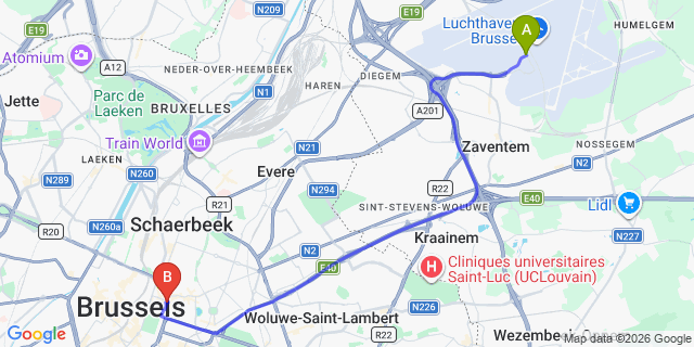Map: Brussels Zaventem Airport (BRU) to B-aparthotel Regent, Brussels