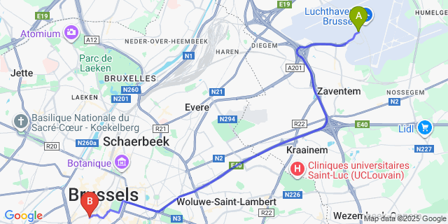 Map: Brussels Zaventem Airport (BRU) to B&B Sablon-Aire, Brussels