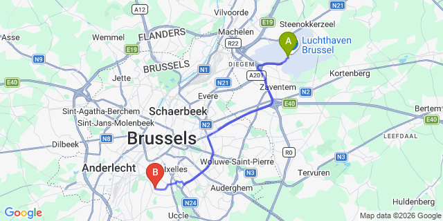 Map: Brussels Zaventem Airport (BRU) to B&B Suites 124, Brussels