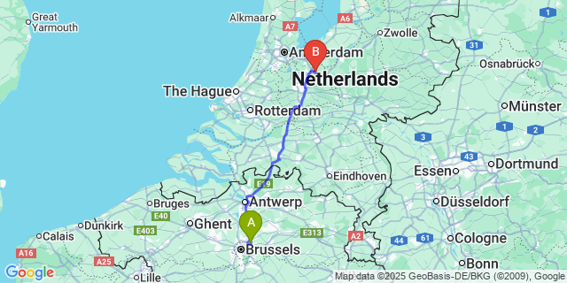Map: Brussels Zaventem Airport (BRU) to Baarn