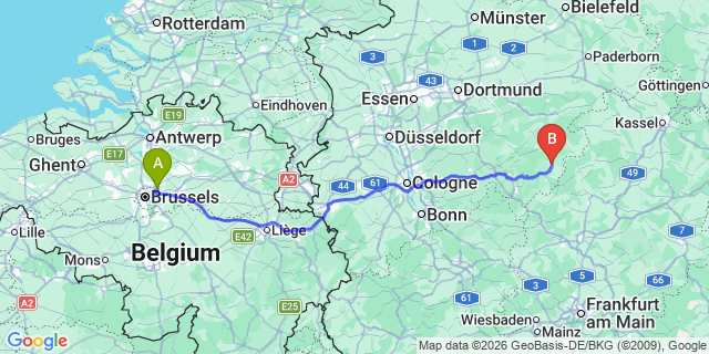 Map: Brussels Zaventem Airport (BRU) to Bad Berleburg