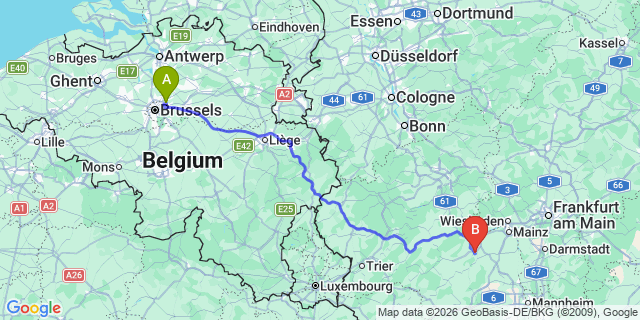 Map: Brussels Zaventem Airport (BRU) to Bad Kreuznach