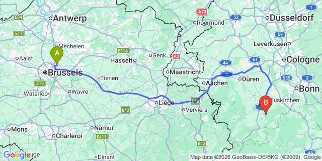 Map: Brussels Zaventem Airport (BRU) to Bad Münstereifel