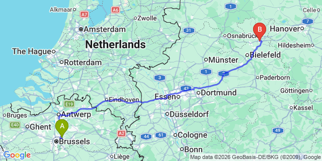 Map: Brussels Zaventem Airport (BRU) to Bad Oeynhausen