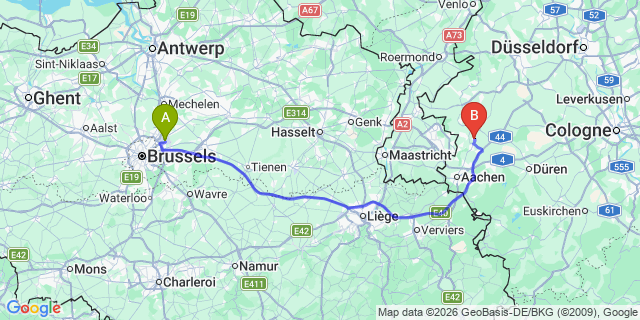 Map: Brussels Zaventem Airport (BRU) to Baesweiler