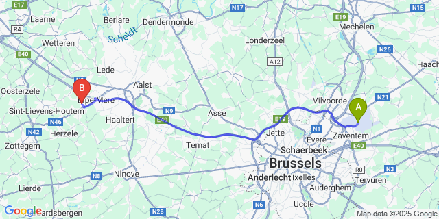 Map: Brussels Zaventem Airport (BRU) to Bambrugge