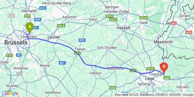 Map: Brussels Zaventem Airport (BRU) to Barchon